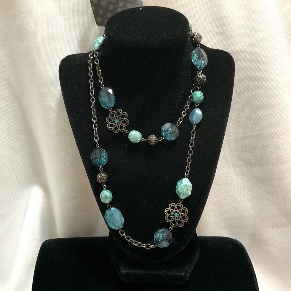 Blue Beaded Necklace on Black Chain - Picture 5 of 6